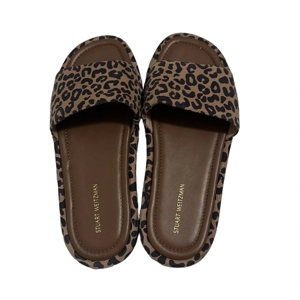 STUART Weitzman Santorini Flatform Slide Sandal Leopard Animal Print Brown Sz 7B